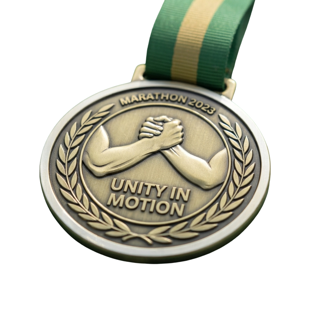 A medal from the 2023 marathon featuring two clasped fists and the text Unity in Motion