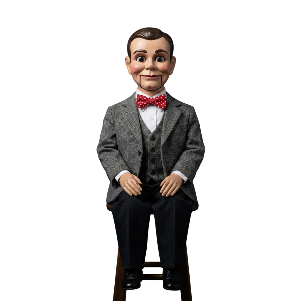 A puppet doll dressed in a gray suit, white shirt, and red polka dot bow tie standing upright with hands clasped.