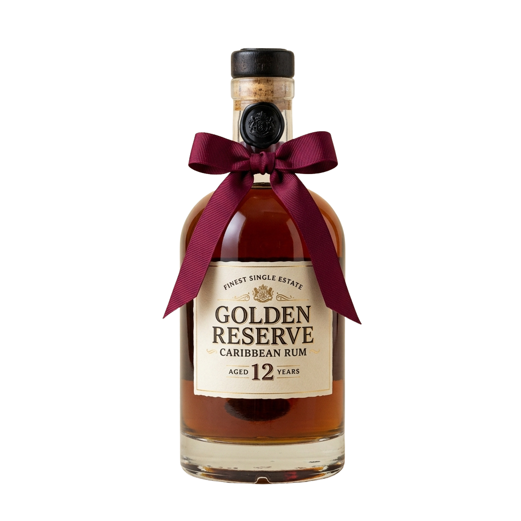 Bottle of aged 12-year Caribbean rum with a maroon ribbon tied around the neck and a gold label.