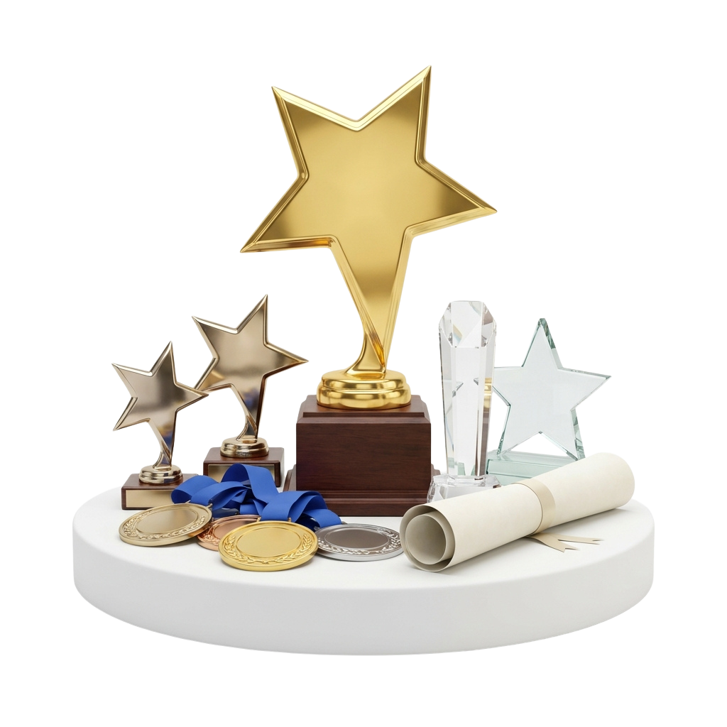 Display of various awards including star-shaped trophies, medals, and a rolled diploma on a white base