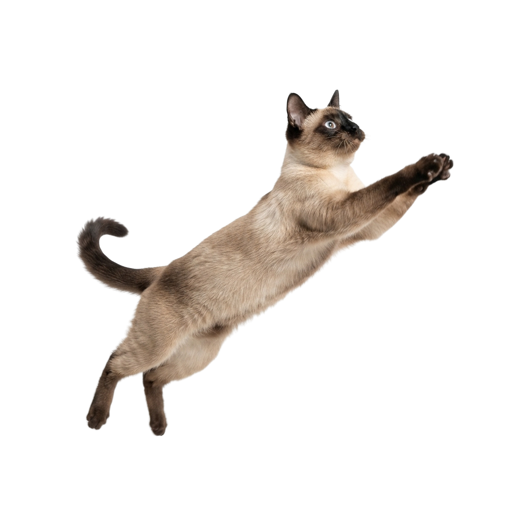 A Siamese cat mid-jump with front paws extended against a black background