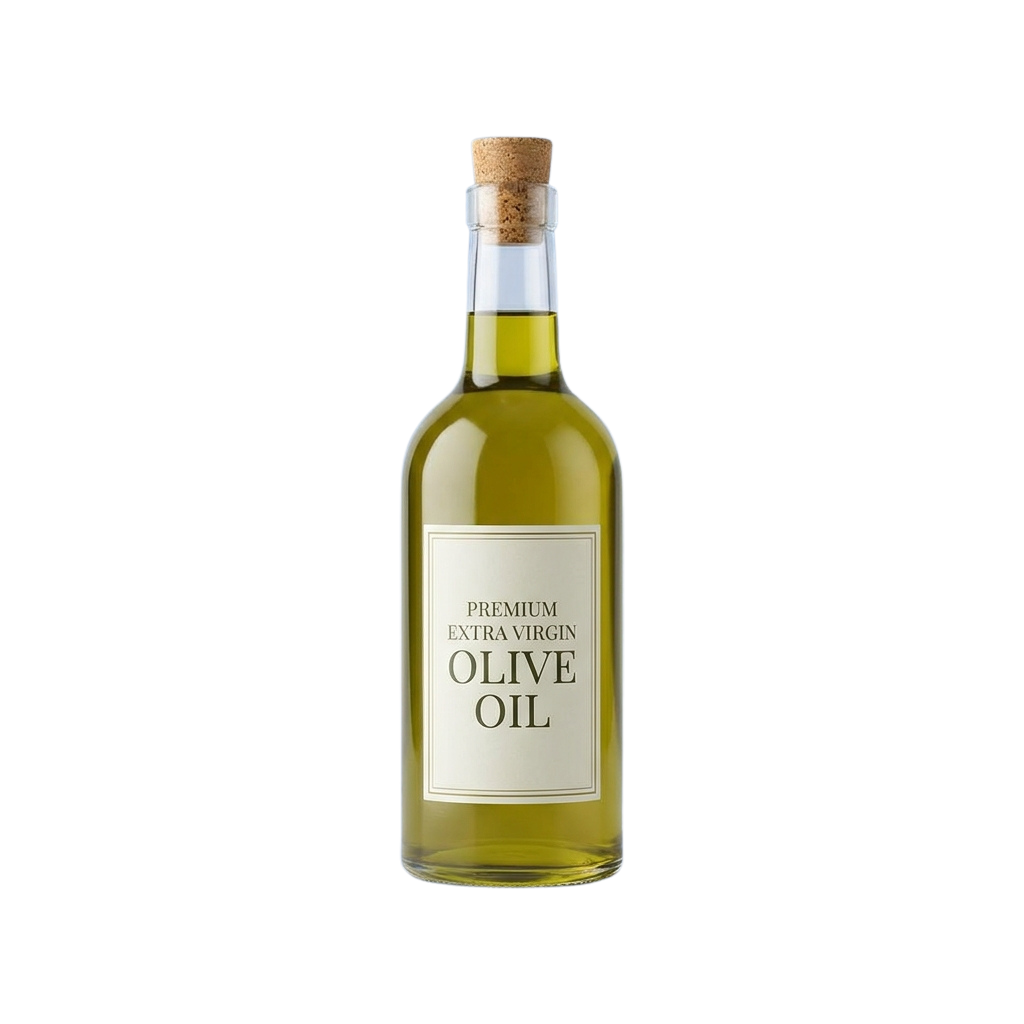 A glass bottle of premium extra virgin olive oil with a cork stopper against a black background