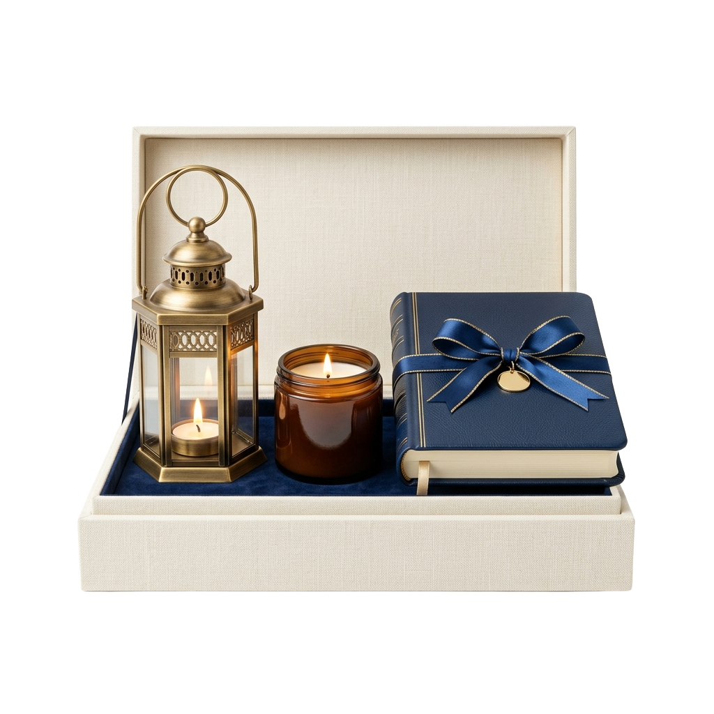 A gift box containing a brass lantern, a small candle, and a navy blue book with a decorative bow.