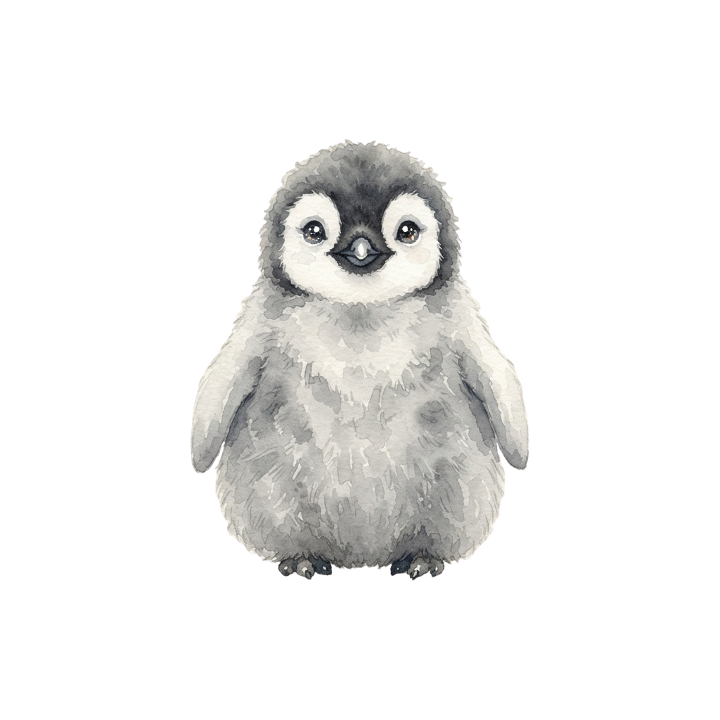 Cute watercolor style illustration of a baby penguin with fluffy gray feathers and bright eyes