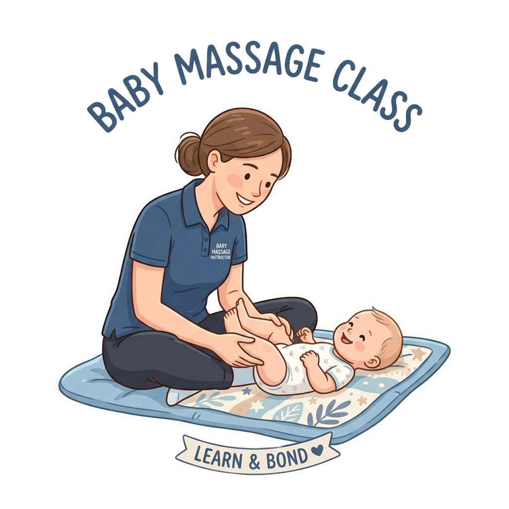 Instructor giving a baby massage class, kneeling beside a smiling baby on a mat.
