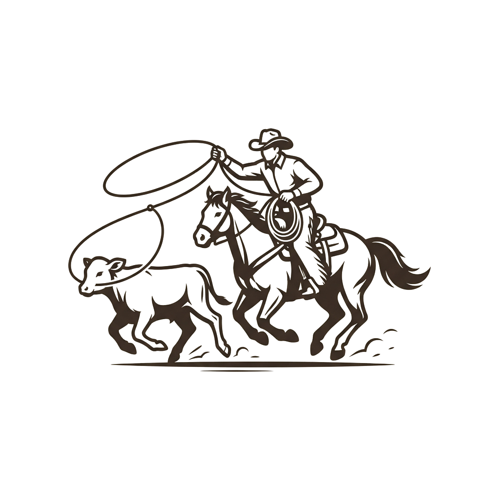 A cowboy on horseback lassoing a cow with a rope in a dynamic pose
