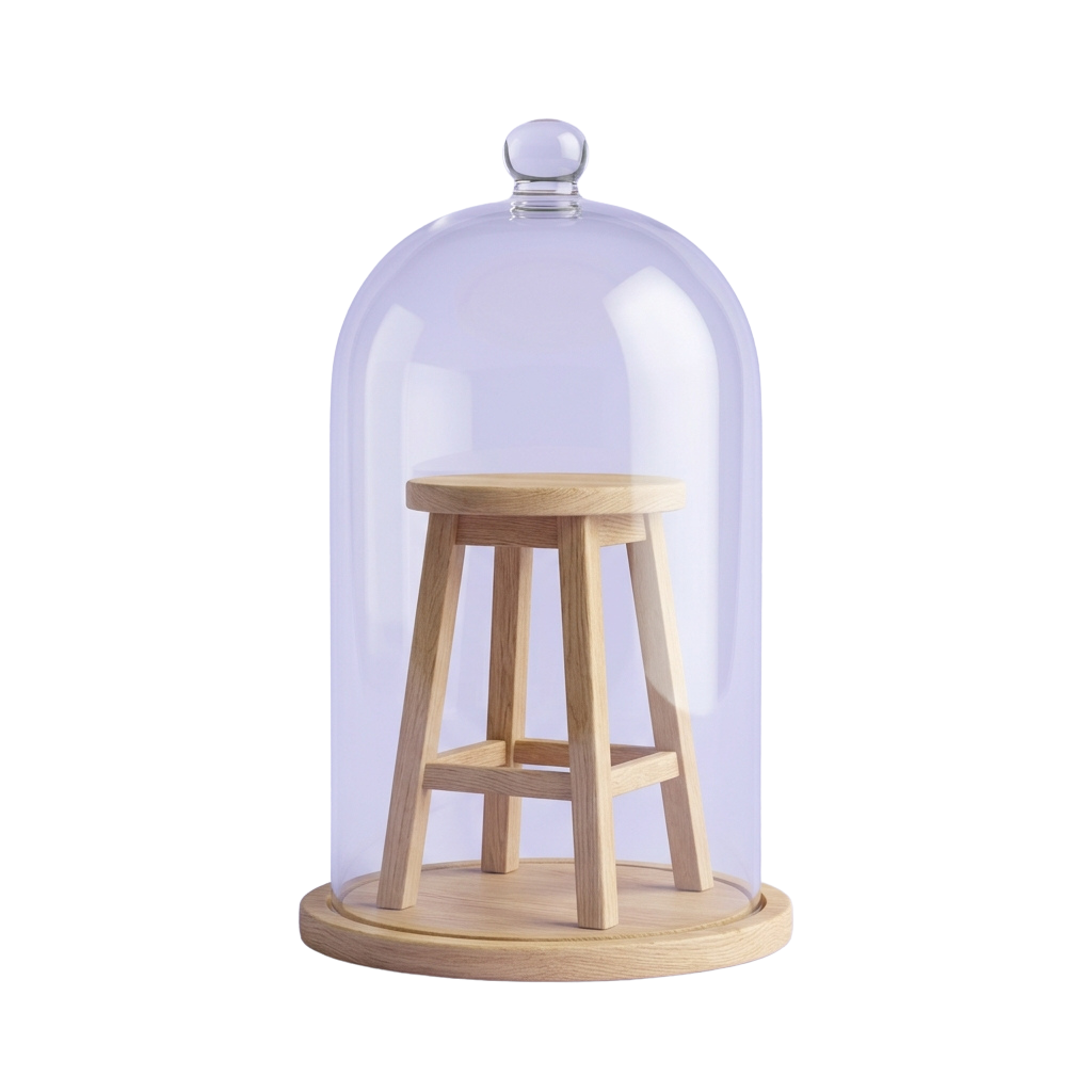 A clear glass bell jar containing a light-colored wooden stool on a wooden base