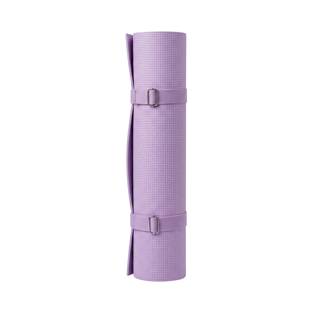 A rolled purple textured yoga mat secured with two straps for easy carrying and storage