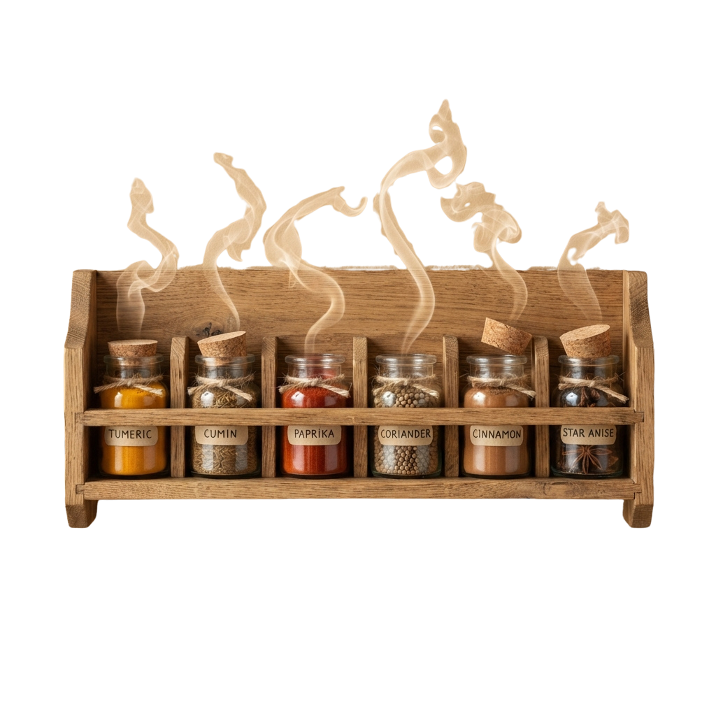 Wooden shelf holding six glass jars labeled with spices: turmeric, cumin, paprika, coriander, cinnamon, and star anise, with steam rising from each jar.