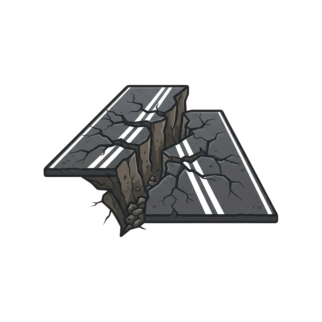 Illustration of a cracked road with a large pothole forming between two sections of asphalt.