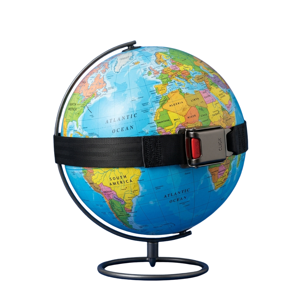 Globe with Adjustable Waist Belt for Luggage or Travel - Globe Wrapped In Safety Belt 202607161445 Bg Removed