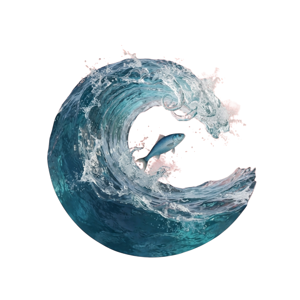 A fish riding inside a large, swirling ocean wave with splashing water droplets