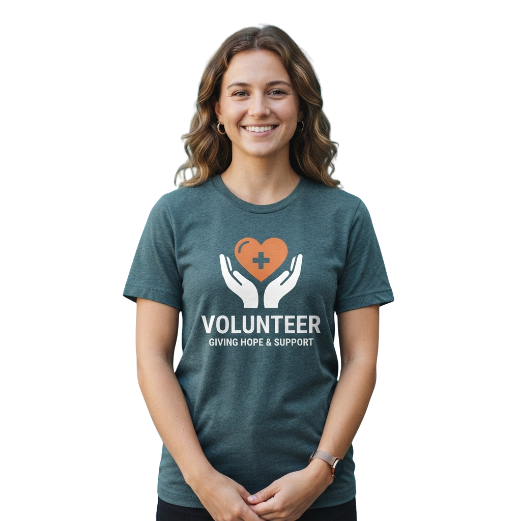 Smiling person wearing a volunteer T-shirt with hands holding a heart graphic and a plus sign inside it