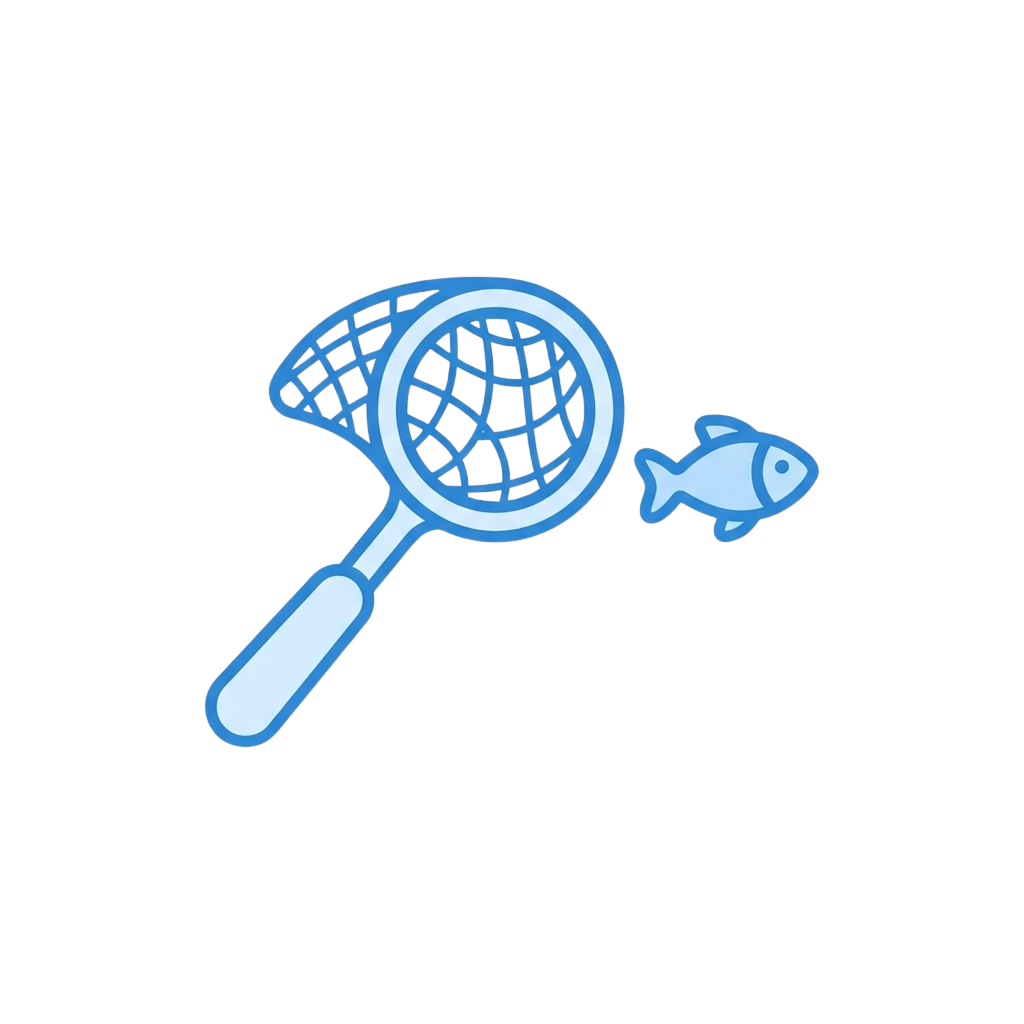 A blue fishing net capturing a small fish icon on a dark background