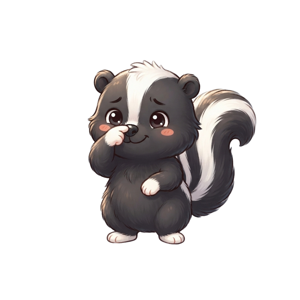 A cheerful cartoon skunk sitting upright with one paw near its face, smiling happily.