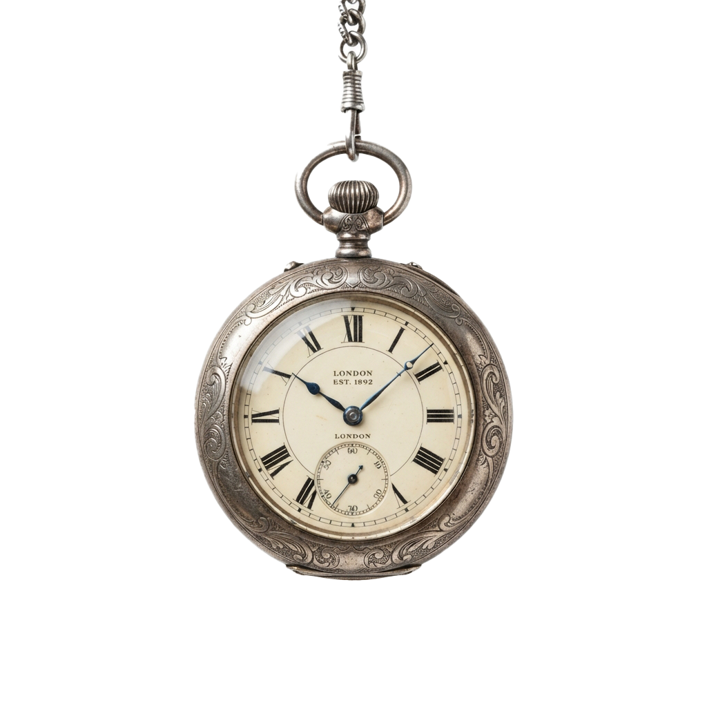 Antique pocket watch with ornate metal casing, white face, Roman numerals, and a small sub-dial, hanging from a chain.