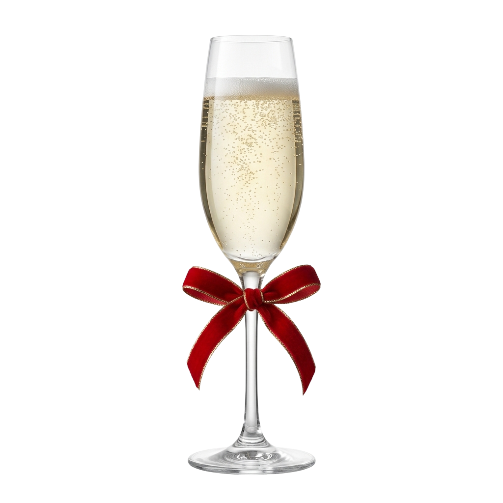 A champagne flute filled with bubbly liquid and tied with a red velvet bow