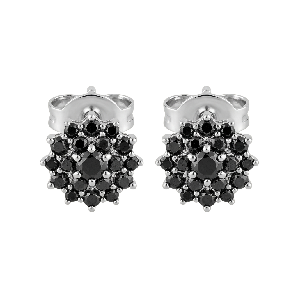 Pair of silver stud earrings adorned with black and clear gemstones in a clustered design