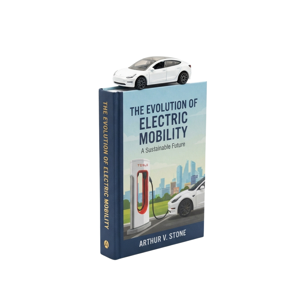 Book titled The Evolution of Electric Mobility with a white electric car on top