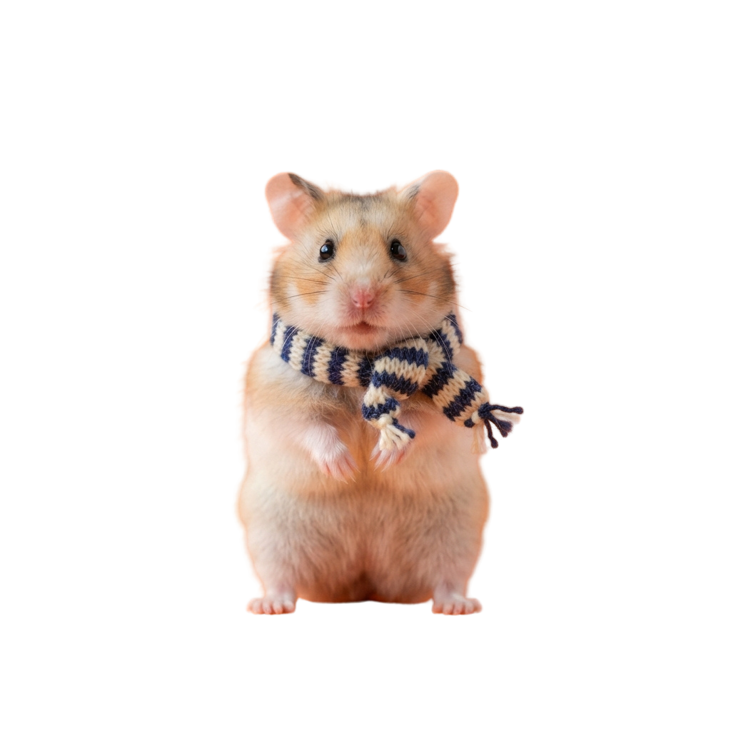 A small hamster standing upright with a striped knitted scarf wrapped around its neck