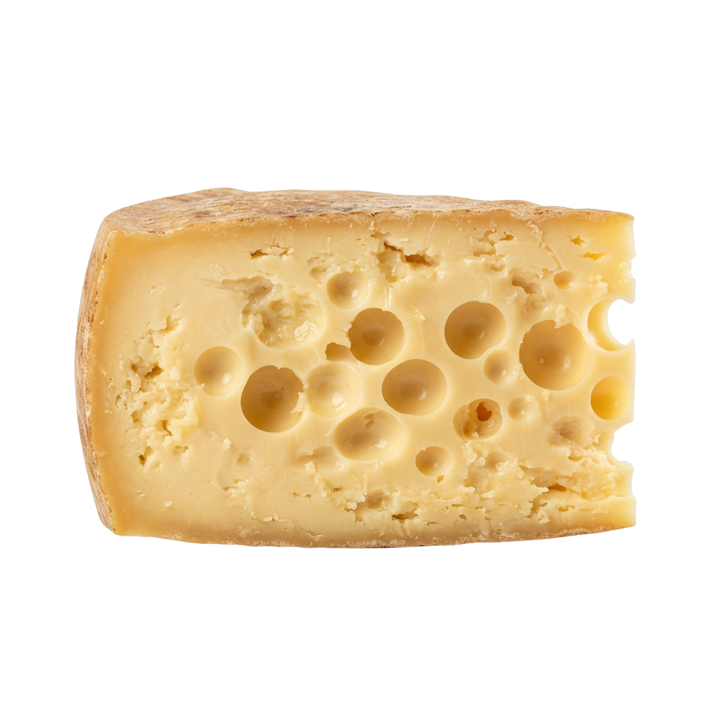 A close-up image of a slice of cheese with many small holes throughout its texture