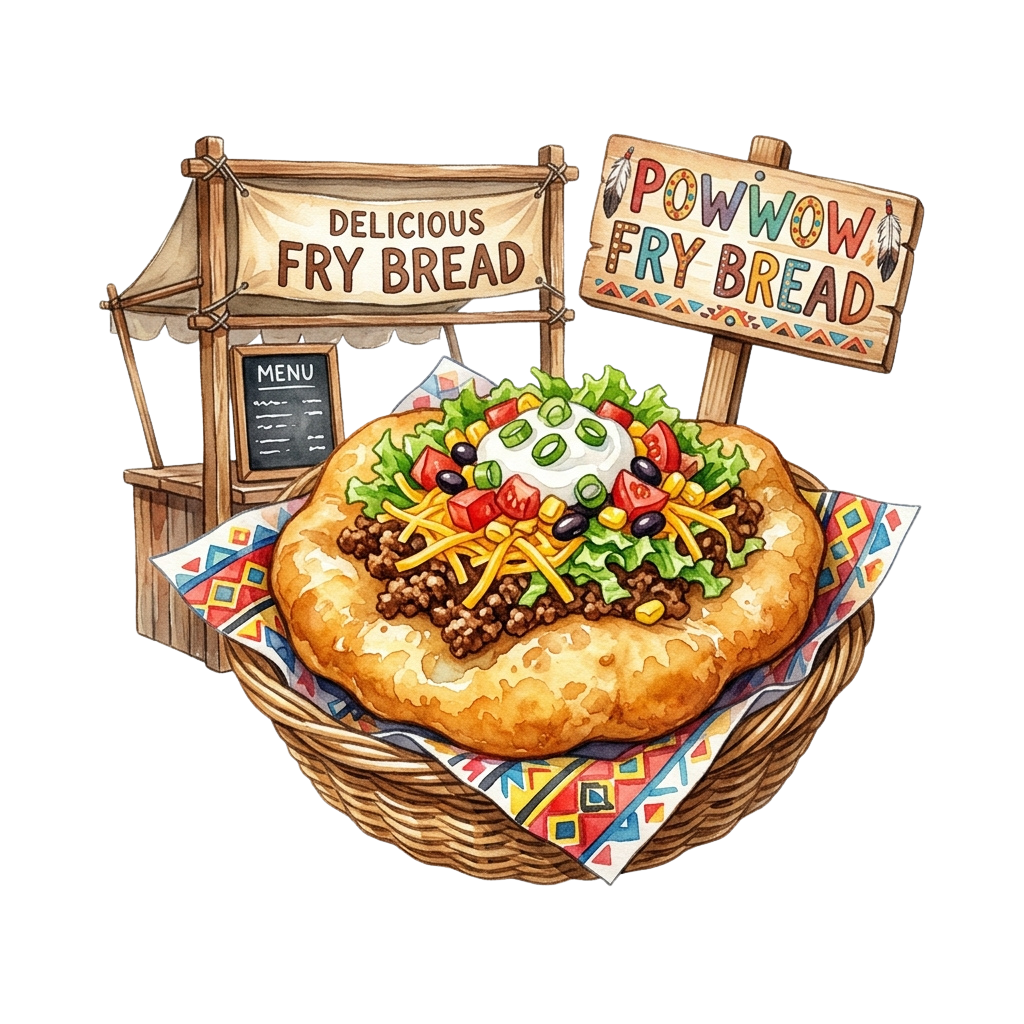Illustration of a large fry bread topped with beans, veggies, and sour cream in a basket with signs reading Delicious Fry Bread and Powwow Fry Bread