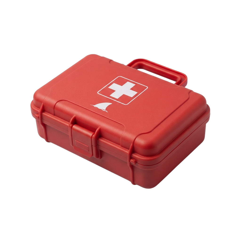 Red plastic first aid kit box featuring a white cross symbol and handle on top