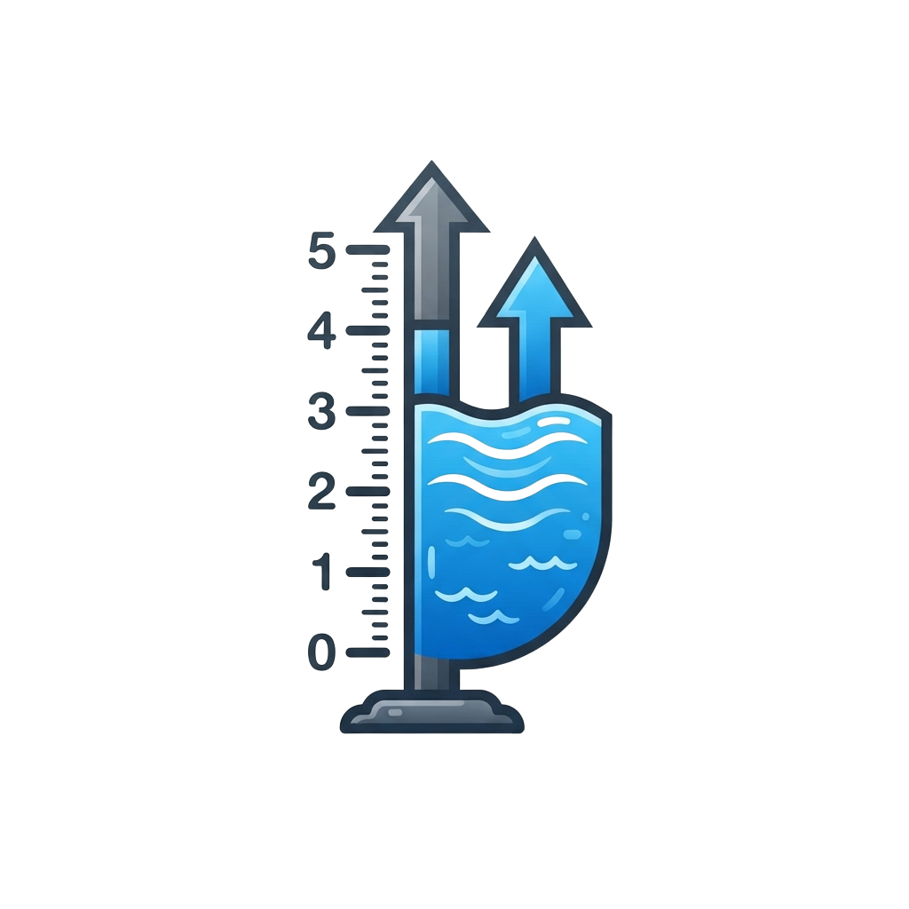 Illustration of a thermometer with water rising inside and two upward arrows indicating increasing temperature and water level