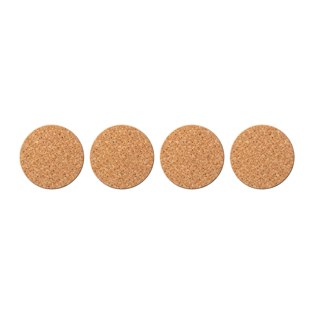 Four round discs of natural coconut charcoal skincare scrub on black background