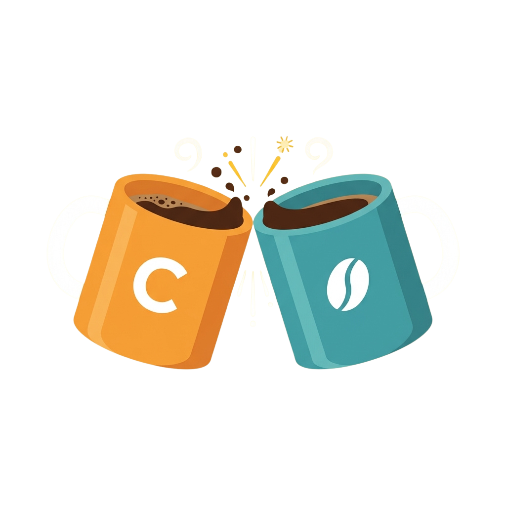 Two colorful coffee mugs clinking together with coffee spilling out and sparkles in between