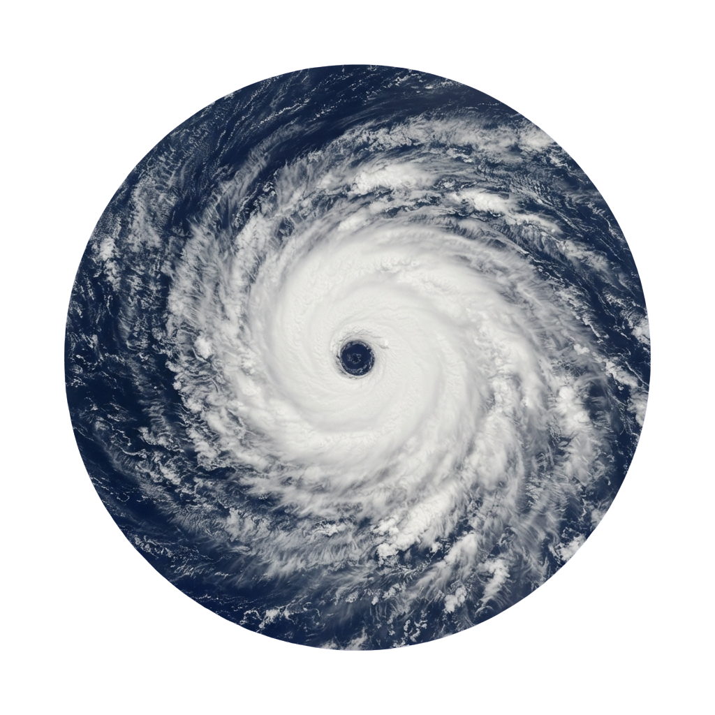 Satellite image of a large hurricane with a visible eye and swirling cloud patterns over the ocean