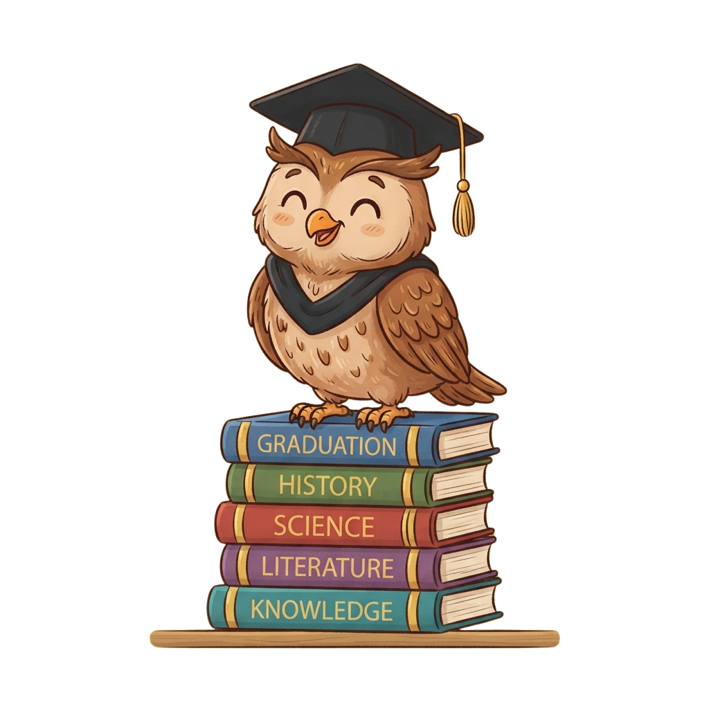 An animated owl wearing a graduation cap and gown sitting on a stack of books labeled graduation, history, science, literature, and knowledge