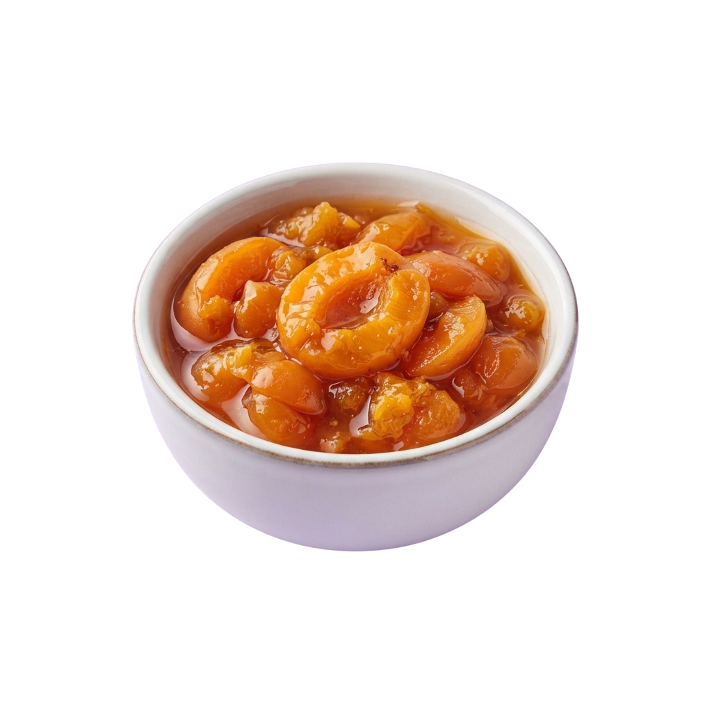 A white bowl filled with beef and apricot stew featuring chunks of meat and fruit in a savory sauce