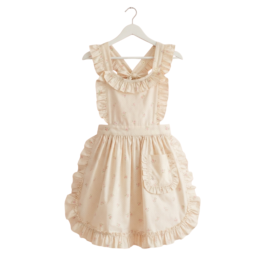 Light pink dress with ruffled collar, short sleeves, and apron pockets featuring small floral prints