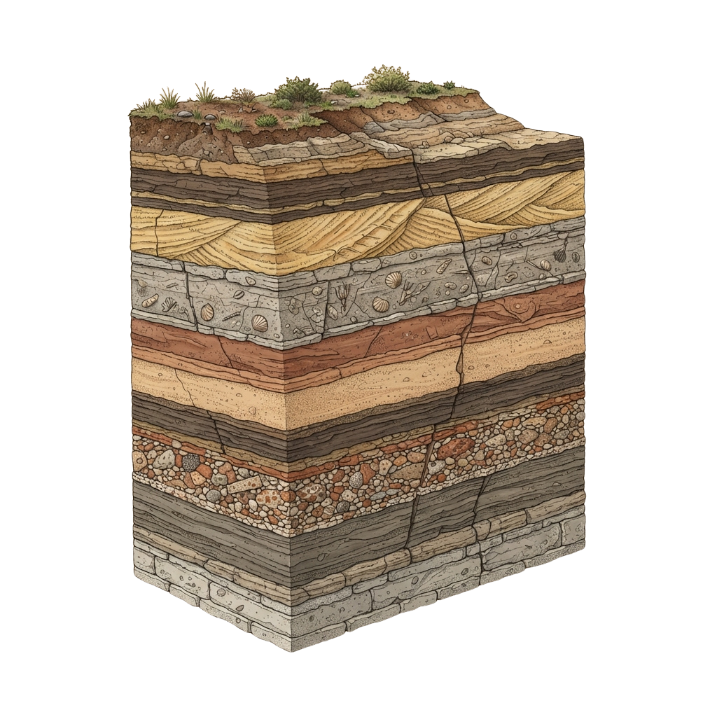Illustration of rock layers showing sedimentary strata with cracks and fossil imprints