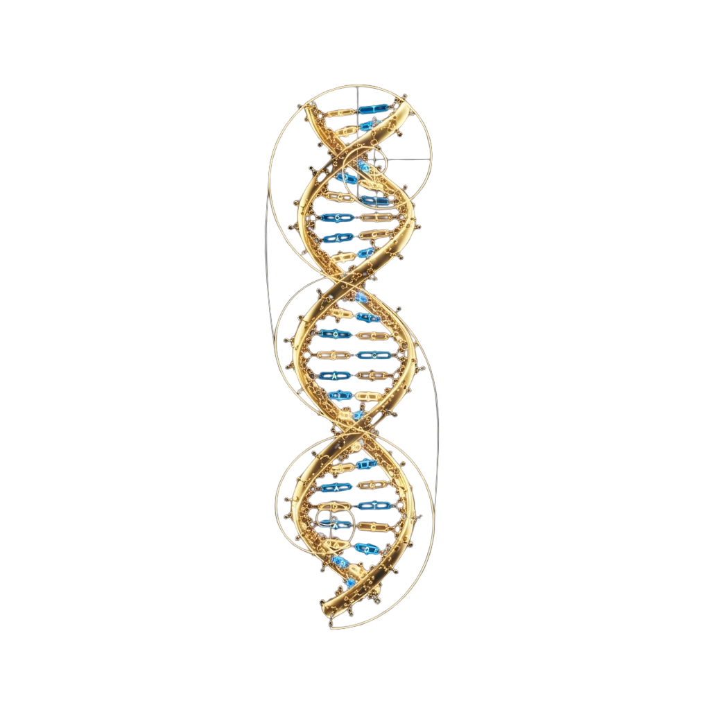A stylized 3D model of a DNA double helix with golden structure and blue base pairs against a black background