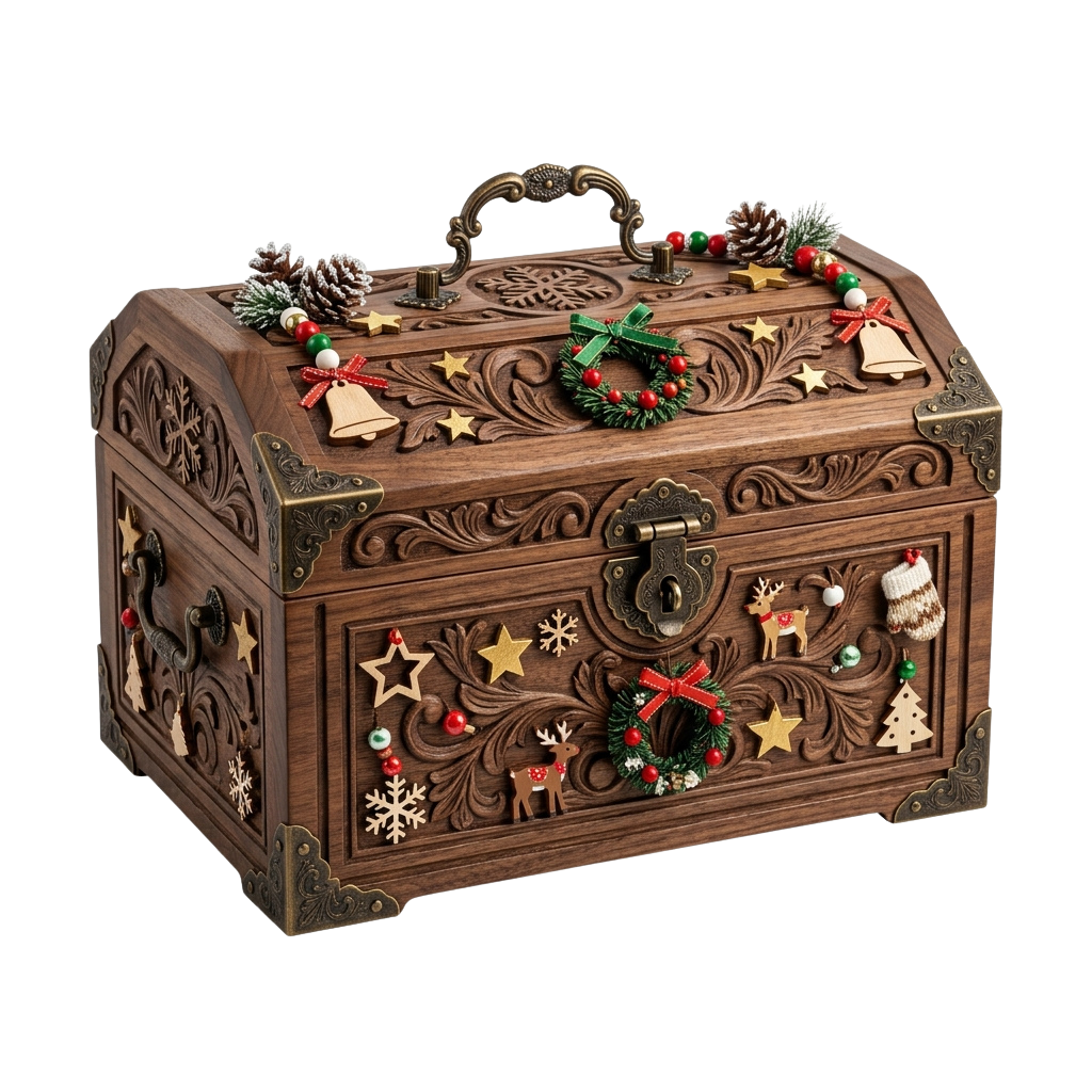 A wooden chest adorned with Christmas-themed carvings, ornaments, and festive decorations.