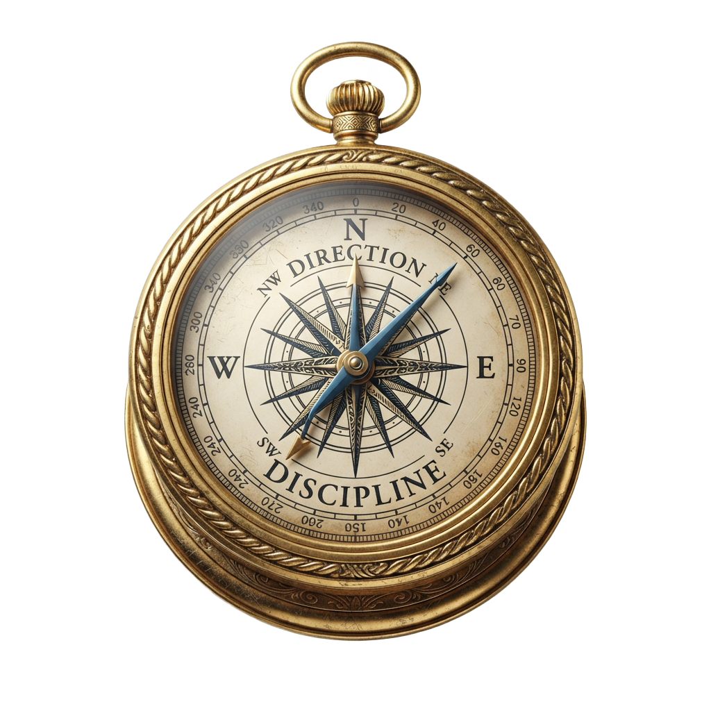 A vintage-style compass with ornate gold detailing and the words Direction and Discipline inscribed on it
