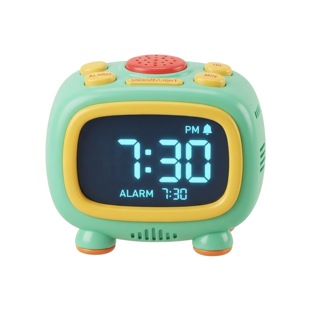 A pastel green and yellow digital alarm clock displaying 7:30 PM with an active alarm set