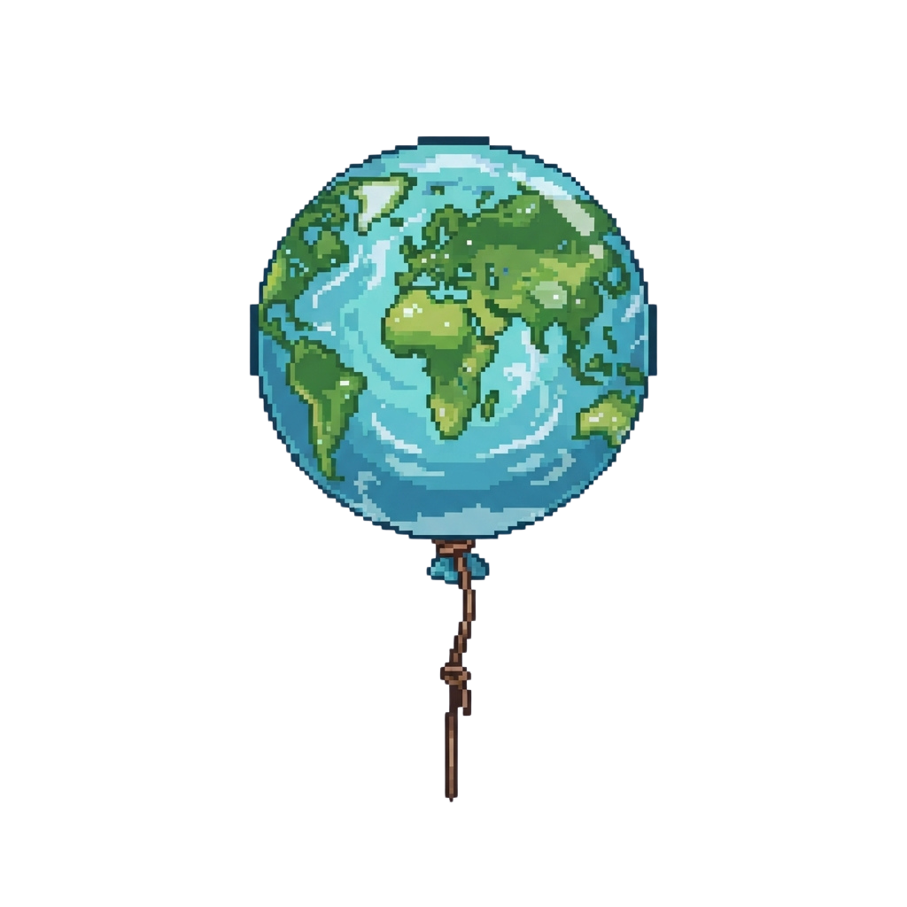 A pixelated globe on a hot air balloon against a black background