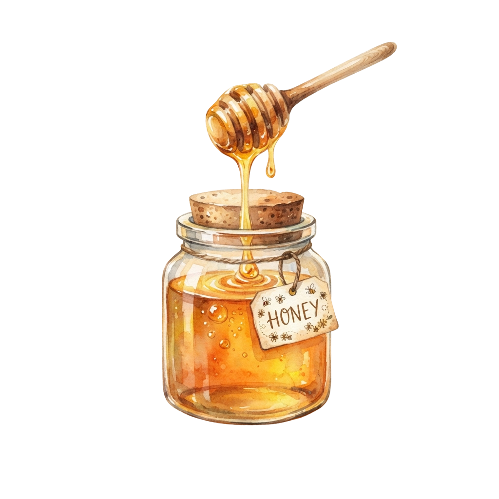 A glass jar filled with golden honey, a wooden honey dipper pouring honey, and a tag labeled honey.
