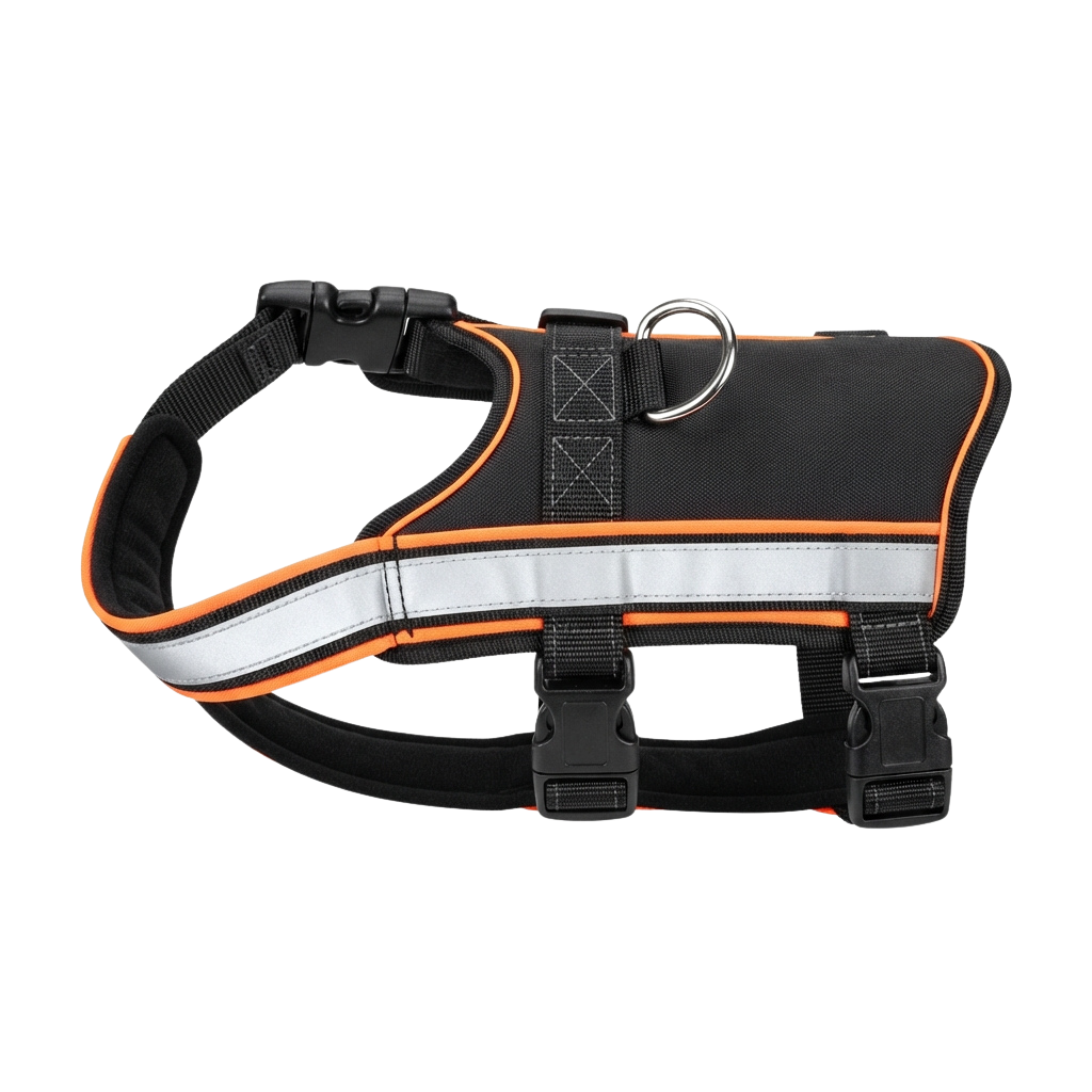 A black dog harness with orange and reflective white accents, featuring adjustable straps and a metal buckle closure