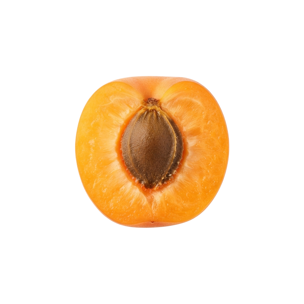 A close-up image of an apricot cut in half showing its juicy flesh and central pit.