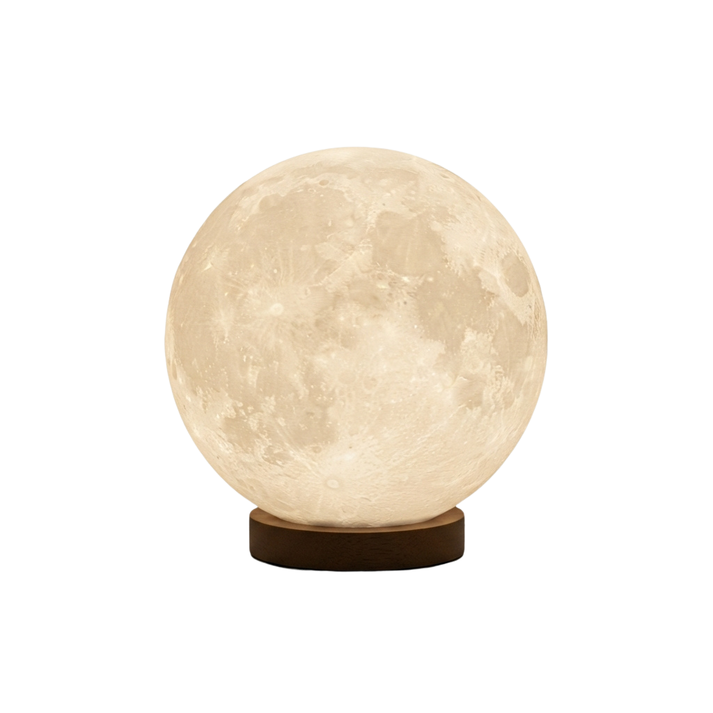 A glowing spherical lamp designed to resemble the moon with craters and a textured surface.