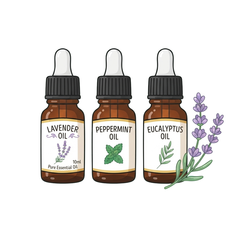 Three brown bottles labeled lavender oil, peppermint oil, and eucalyptus oil with respective plant icons and purple lavender sprig.