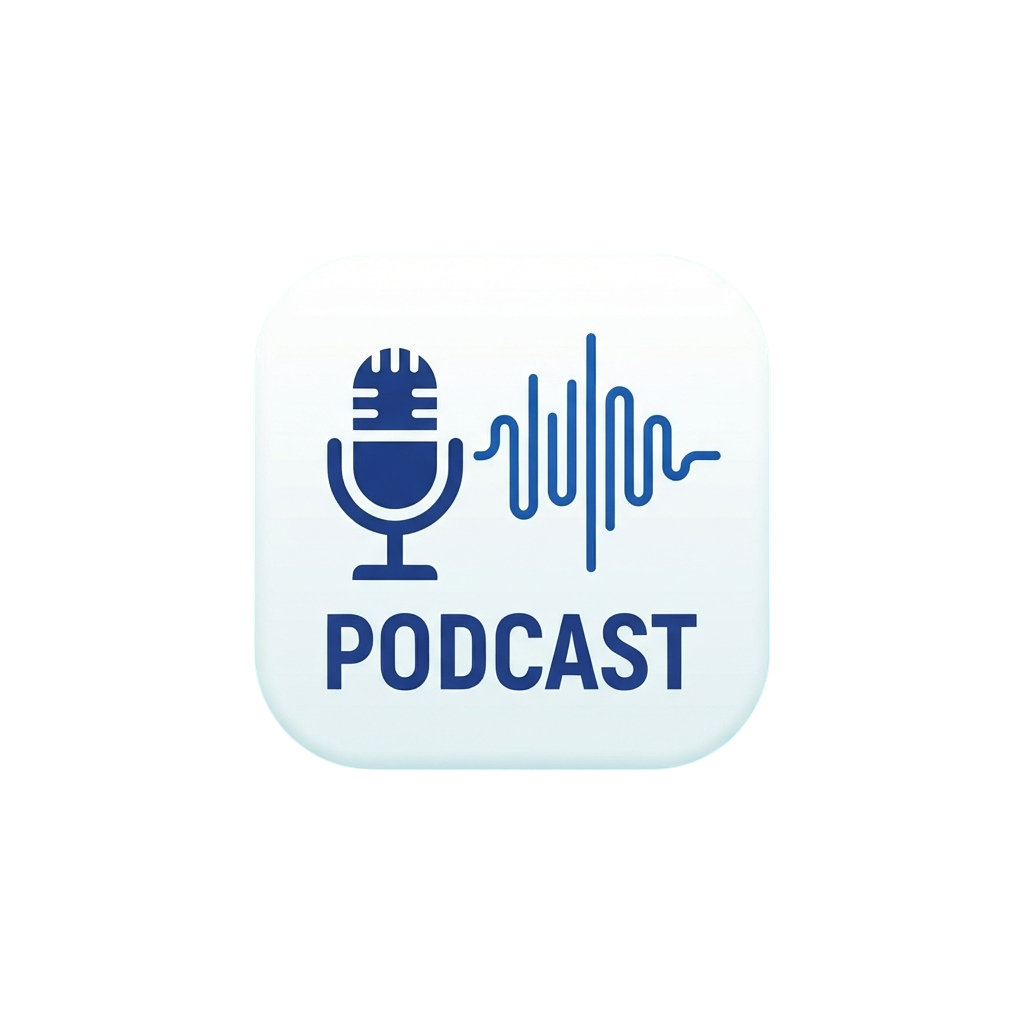 A white square icon featuring a blue microphone and soundwave graphic with the word Podcast in blue text