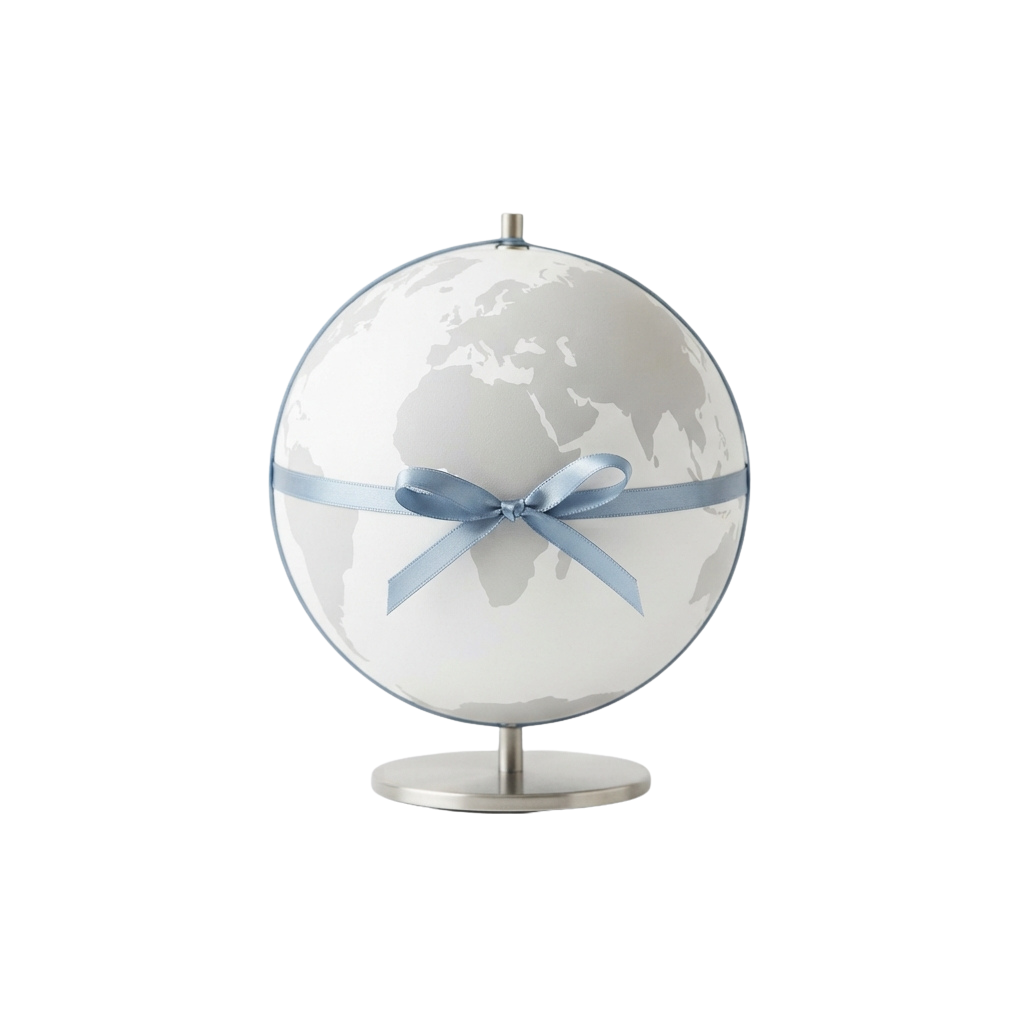 A white globe with a blue ribbon tied around its equator on a metallic stand