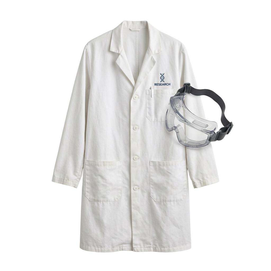 White lab coat with research logo and safety goggles on black background
