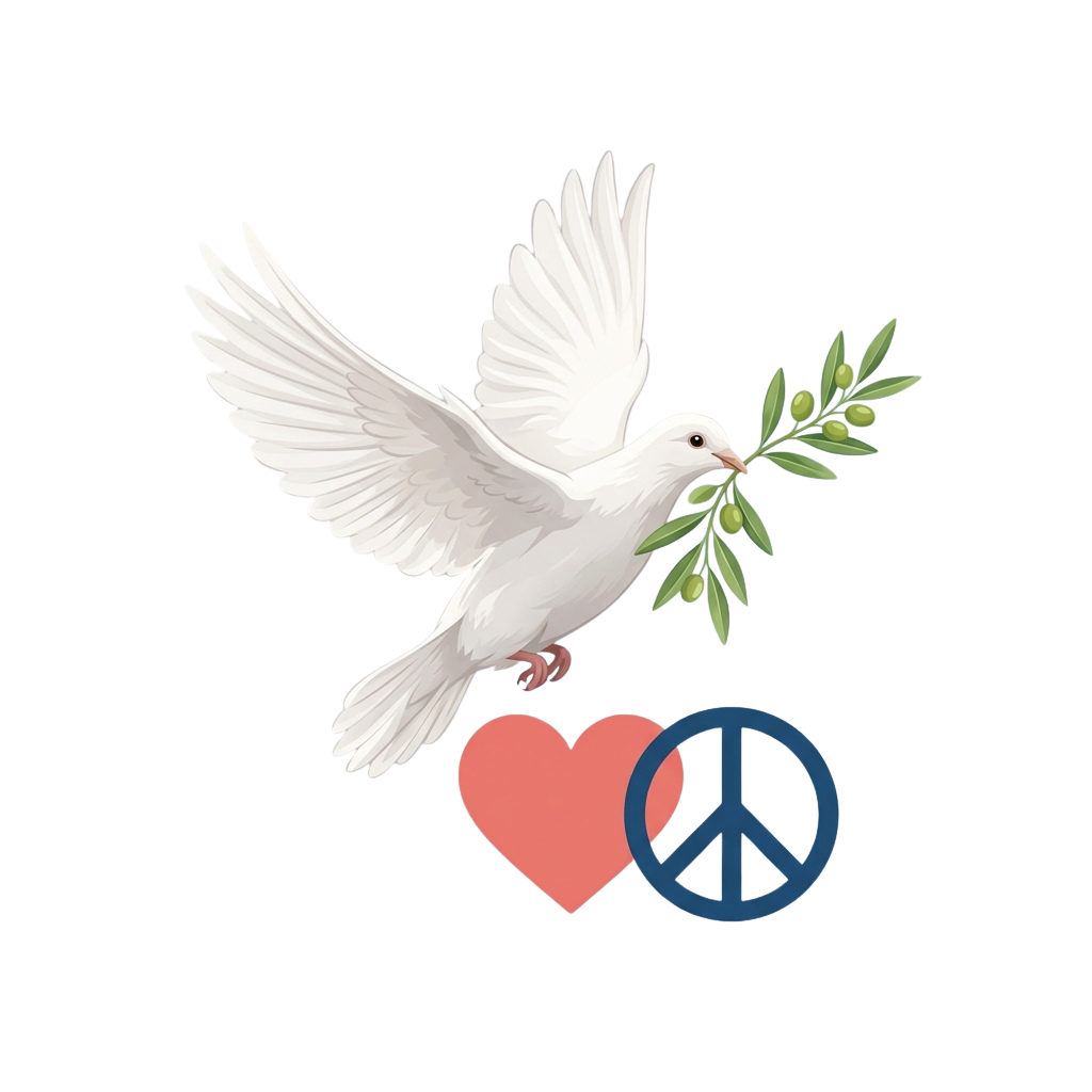 White dove flying with an olive branch, peace symbol, and heart graphic