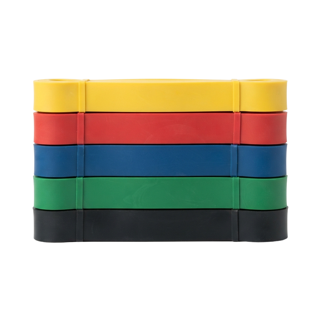 Five horizontal foam blocks in yellow, red, blue, green, and black stacked together